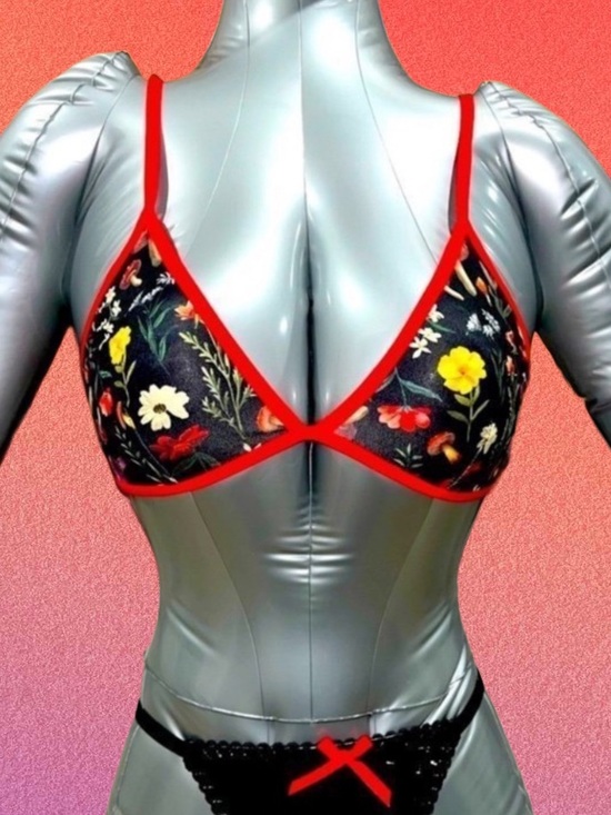 Tops - Floral Mesh Triangle Bra with Red Trim - Women Intimates
